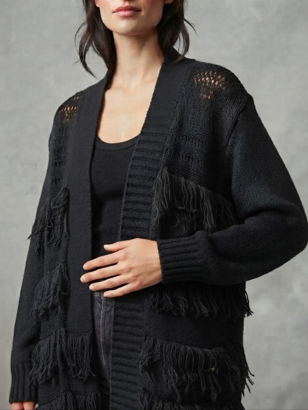 Retrod Black Fringe Open Knit Cardigan – Size M/M